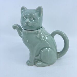 vintage chinese cat shaped celedon ceramic teapot 6" tall
